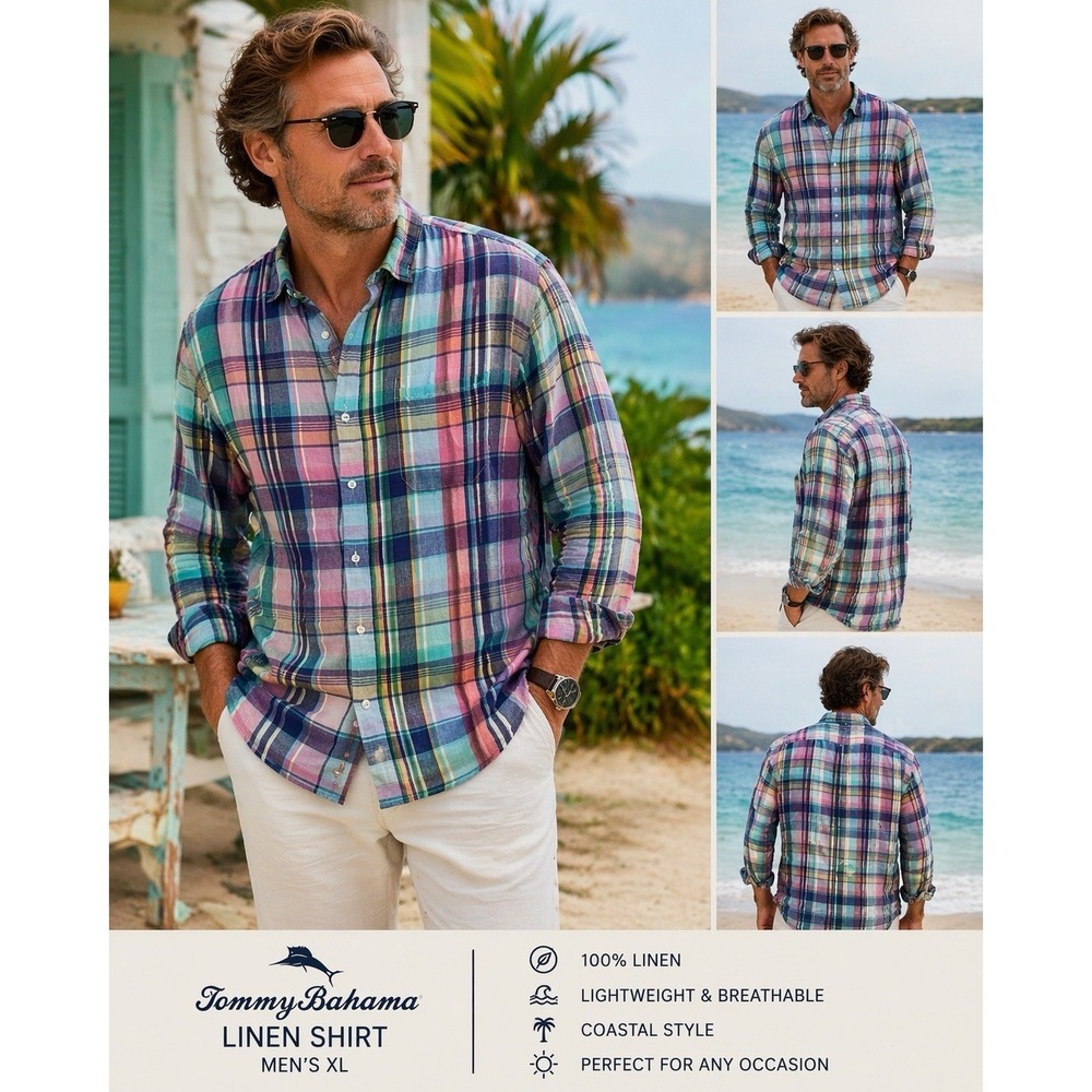 Tommy Bahama Mens XL‎ Linen Plaid Shirt Casual Button Front Pastel Beach Coastal